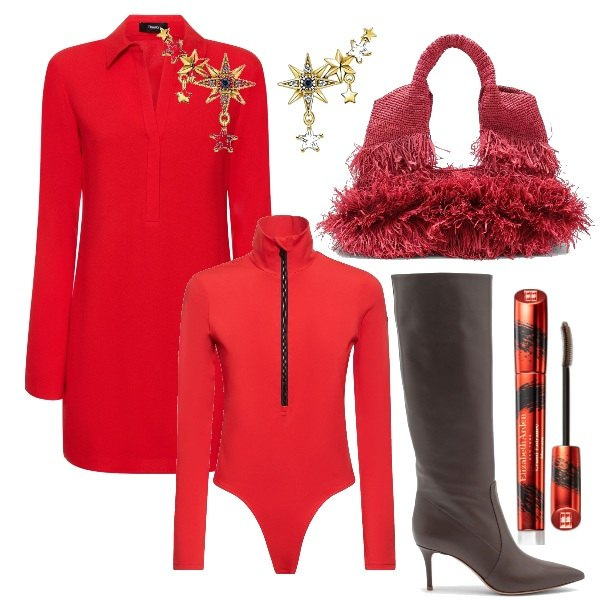 Outfit donna - Must have di dicembre: abito rosso. Stile Bon Ton per Ufficio. Abbinamento con mascara, vestiti, body, borse a mano, stivali sopra il ginocchio, orecchini.
