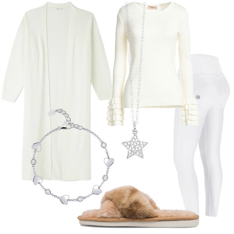 Outfit donna - Homewear confortevole con stile. Stile Romantica per Tutti i giorni. Abbinamento con pullovers, cardigans, collane, braccialetti, pantaloni skinny, pantofole.
