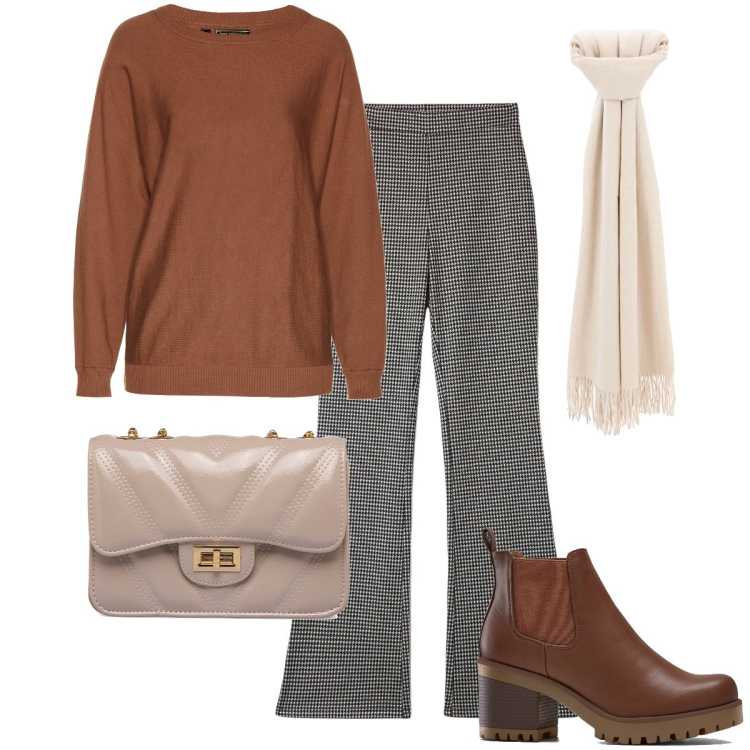 Outfit donna - La sciarpina con le frange. Stile Casual chic per Ufficio. Abbinamento con stivaletti chelsea, maglieria, pantaloni, sciarpe, borse a tracolla.