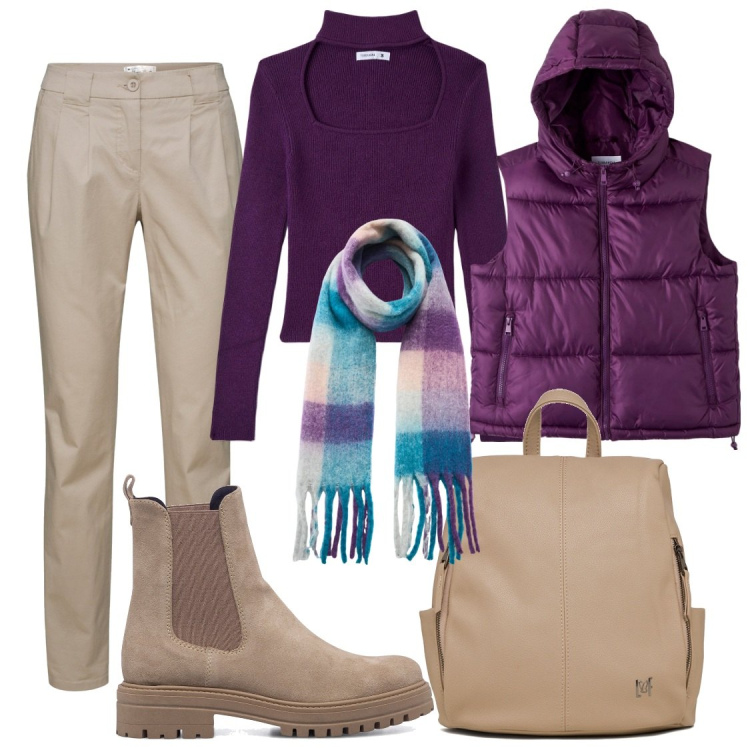 Outfit donna - Viola mon amour. Stile Casual per Tutti i giorni. Abbinamento con pantaloni chino, maglieria, piumini, sciarpe, stivaletti, zaini.