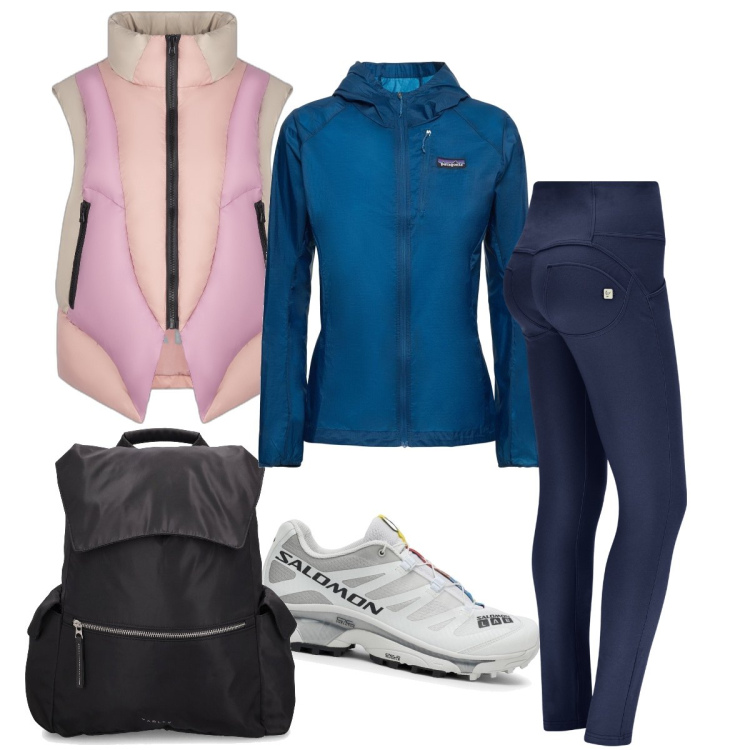 Outfit donna - Sportiva con il freddo. Stile Sporty chic per Sport. Abbinamento con pantaloni skinny, piumini, zaini, sneakers, giacche.