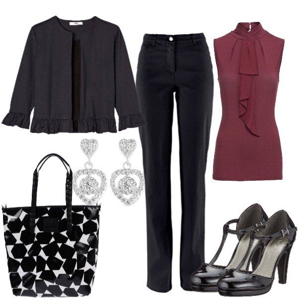 Outfit donna - Bon Ton #12243. Stile Bon Ton per Tutti i giorni. Abbinamento con pantaloni, top, borsa a mano maxi fantasia con zip interno sfoderato, scarpe nero, giacca con ruches e scollo con bottoni nero, orecchini in argento 925.
