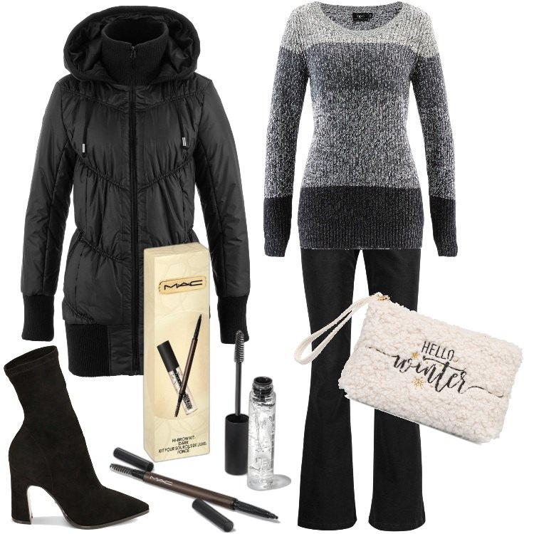 Outfit donna - Regali sotto l\'albero. Stile Casual chic per Serata fuori. Abbinamento con maglieria, giacche, pantaloni, mascara, stivaletti, pochette.