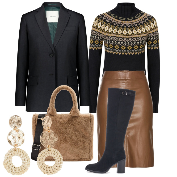 Outfit donna - Ecopelle skirt. Stile Urban per Tutti i giorni. Abbinamento con orecchini, maglieria, gonne longuette, shopping bag, blazer, stivali sopra il ginocchio.