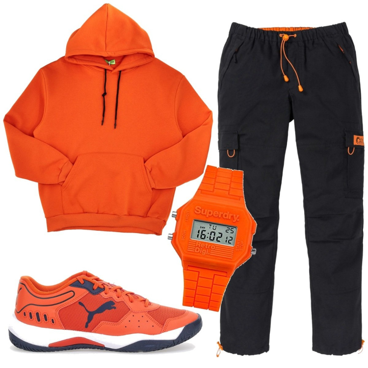 Outfit uomo - Total look #1781998. Stile Casual per Sport. Abbinamento con pantaloni, orologi digitali, felpe con cappuccio, sneakers.