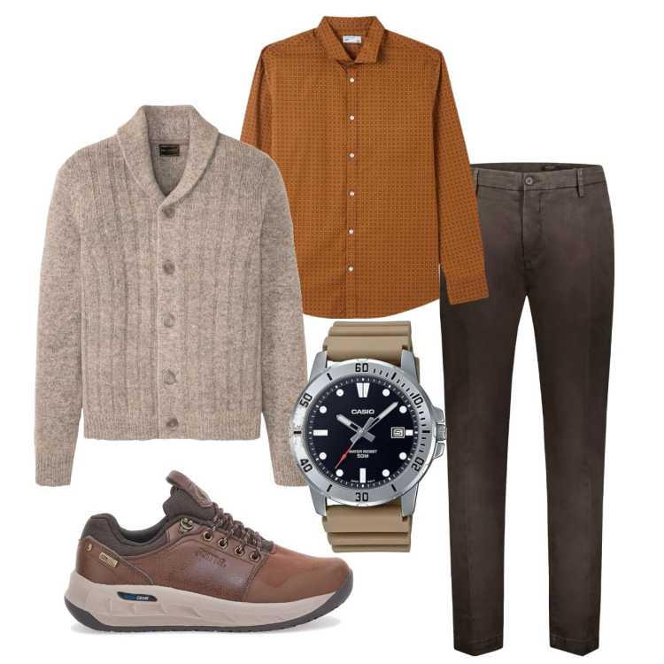 Outfit uomo - Sabato tra amici. Stile Casual per Tutti i giorni. Abbinamento con cardigans, camicie, pantaloni, orologi, sneakers.