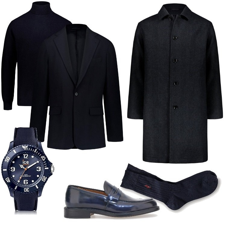 Outfit uomo - Abito tessuto intrecciato x Xmas. Stile Business/Elegante per Serata speciale. Abbinamento con calzini, maglieria, scarpe stringate, cappotti, orologi, abiti.