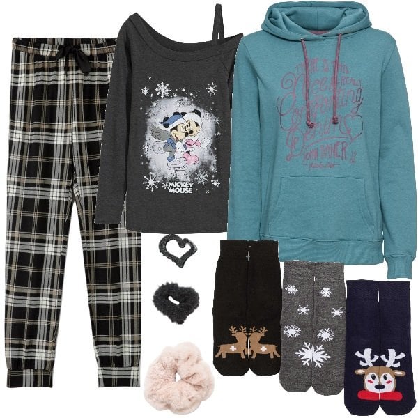 Outfit donna - A casa in comodità. Stile Casual chic per Tutti i giorni. Abbinamento con felpe con cappuccio, maglieria, calzini, pigiama, accessori per capelli.