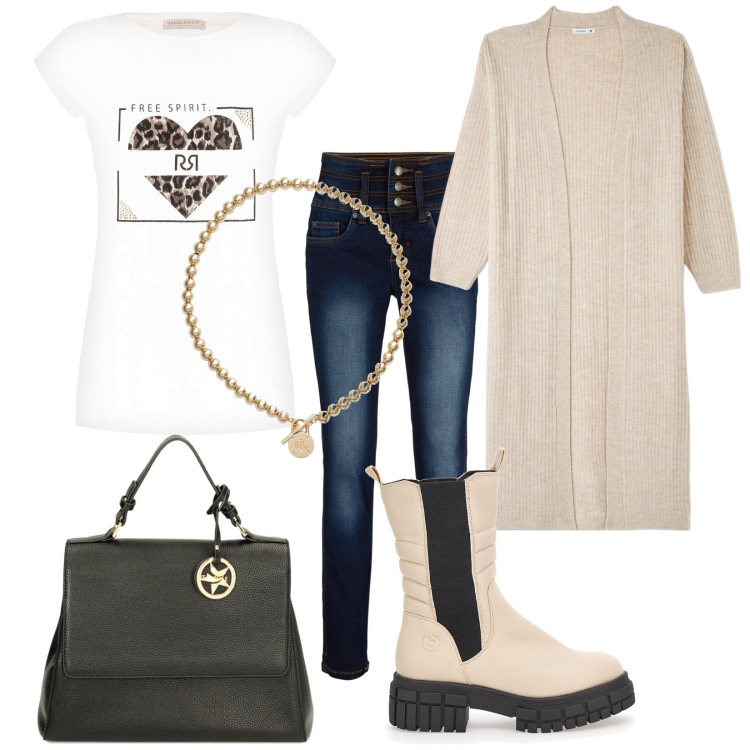 Outfit donna - Total look #1782052. Stile Trendy per Tutti i giorni. Abbinamento con jeans, cardigans, borse a mano, t-shirt, collane, stivaletti chelsea.