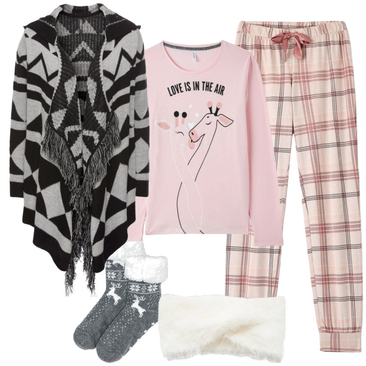 Outfit donna - Homewear Outfit. Stile Minimal per Tutti i giorni. Abbinamento con cardigans, calzini, pigiama, pigiama, fasce per capelli.