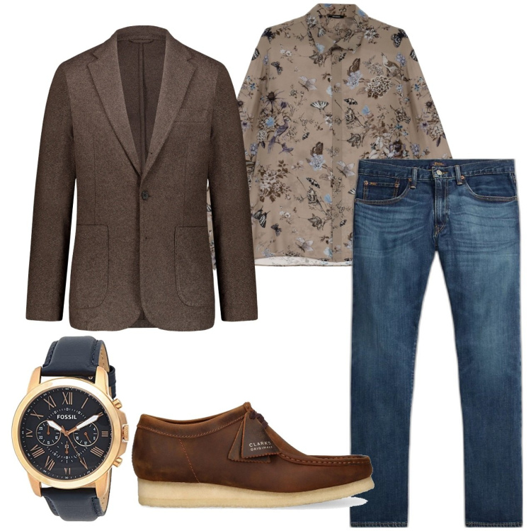 Outfit uomo - Camicia a fiori azzurri. Stile Trendy per Tutti i giorni. Abbinamento con camicie, jeans dritti, orologi, scarpe stringate, giacche.