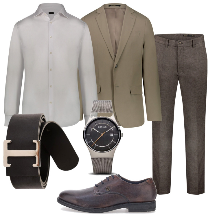 Outfit uomo - Serata tra colleghi. Stile Business/Elegante per Serata speciale. Abbinamento con cinture, pantaloni, abiti, camicie, scarpe stringate, orologi.