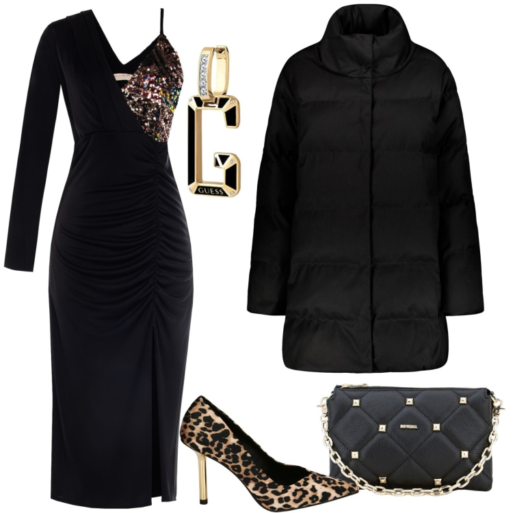Outfit donna - Tacchi animalier a Capodanno. Stile Glamour per Cerimonia. Abbinamento con vestiti asimmetrici, pochette, décolleté, cappotti, orecchini.