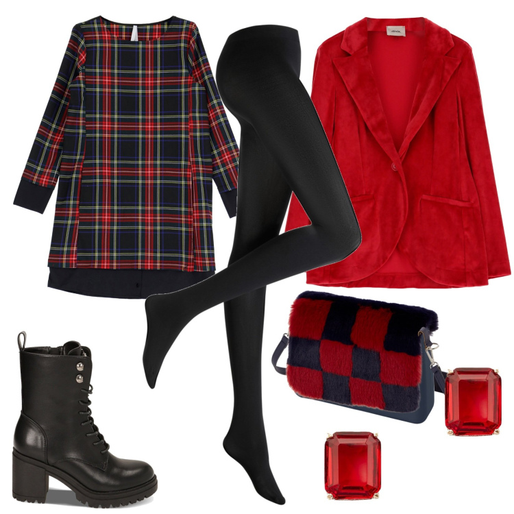Outfit donna - Alla moda col tartan. Stile Trendy per Serata fuori. Abbinamento con collant, vestiti corti, anfibi, orecchini, giacche, borse a spalla.