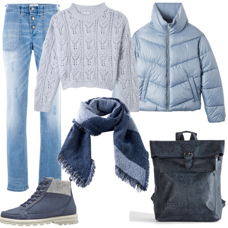 Outfit donna - Casual blu. Stile Casual per Tutti i giorni. Abbinamento con jeans boyfriend, stivaletti, zaini, sciarpe, piumini, maglieria.