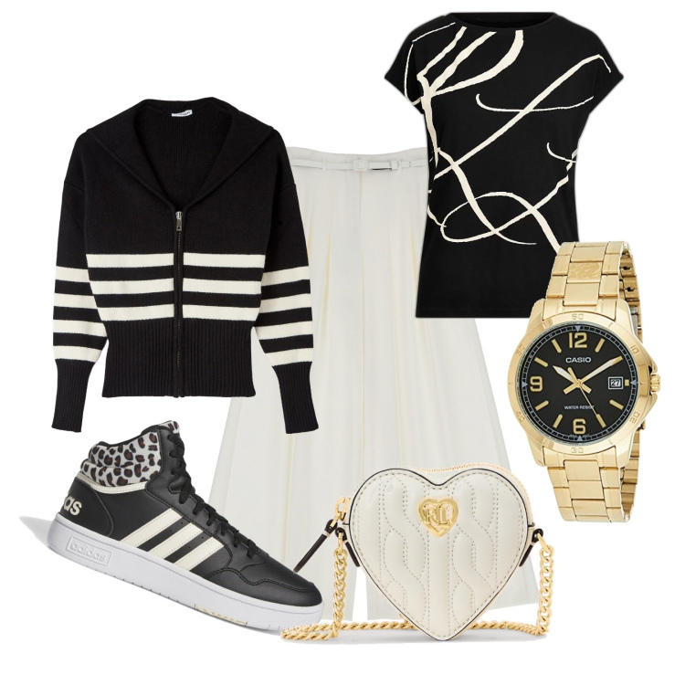 Outfit donna - Swing. Stile Trendy per Tutti i giorni. Abbinamento con maglieria, pantaloni a palazzo, maglieria, pochette, sneakers, orologi.