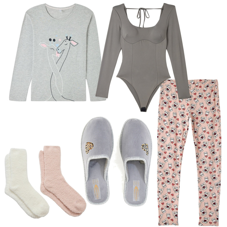 Outfit donna - Grigio e rosa. Stile Basic per Tutti i giorni. Abbinamento con pigiama, body, calzini, pigiama, pantofole.