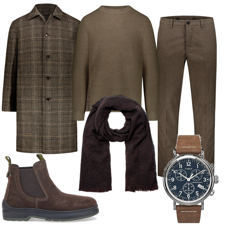 Outfit uomo - Elegante in marrone. Stile Trendy per Tutti i giorni. Abbinamento con sciarpe, maglieria, orologi, pantaloni, cappotti, stivali e stivaletti.