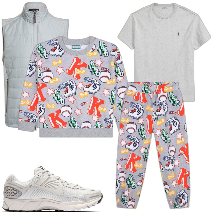 Outfit uomo - Tuta fantasia e esco. Stile Casual per Tutti i giorni. Abbinamento con t-shirt, piumini, sneakers, felpe, pantaloni.