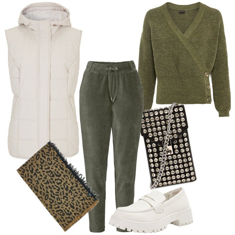 Outfit donna - Total look #1782113. Stile Casual per Tutti i giorni. Abbinamento con pantaloni, maglieria, gilet, mocassini, borse a spalla, sciarpe.