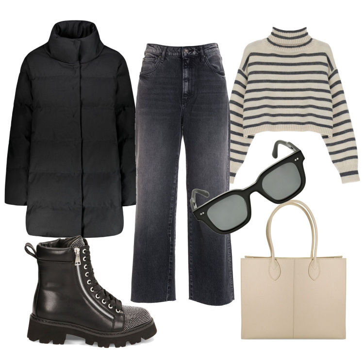 Outfit donna - Total look #1782119. Stile Basic per Scuola/Università. Abbinamento con jeans, maglieria, anfibi, borse a spalla, piumini, occhiali da sole.