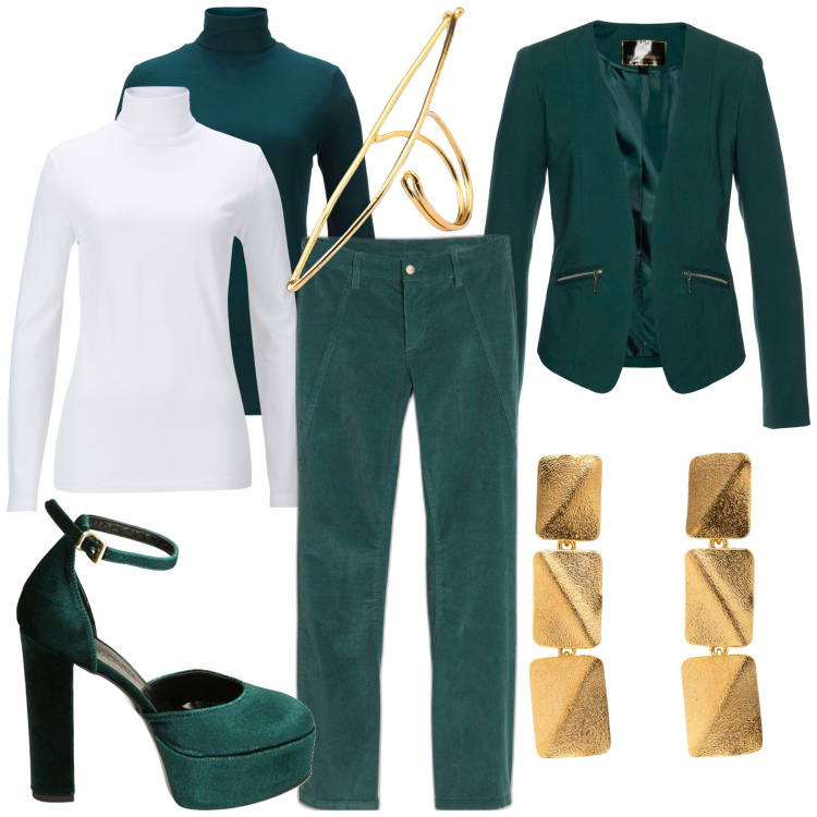 Outfit donna - Total look #1782150. Stile Glamour per Tutti i giorni. Abbinamento con blazer, maglieria, pantaloni, décolleté, orecchini, anelli.
