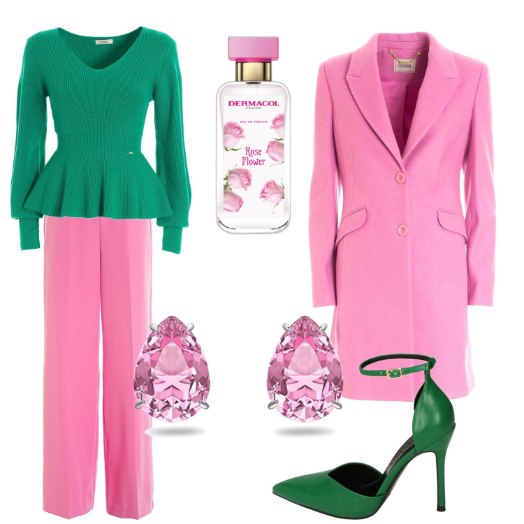 Outfit donna - Rose rosa. Stile Bon Ton per Tutti i giorni. Abbinamento con profumi, cappotti, maglieria, pantaloni a palazzo, décolleté, orecchini.