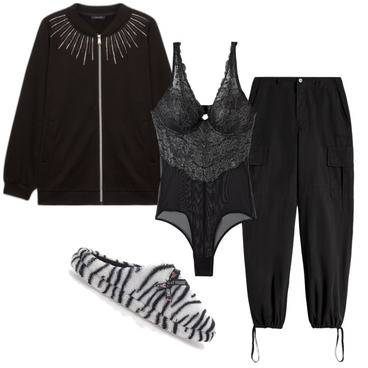 Outfit donna - Il body sexy sotto la tuta. Stile Casual chic per Tutti i giorni. Abbinamento con body, pantaloni cargo, felpe, pantofole.