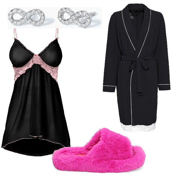 Outfit donna - Homewear. Stile Sexy per Tutti i giorni. Abbinamento con vestaglie, vestaglie, orecchini, ciabatte.