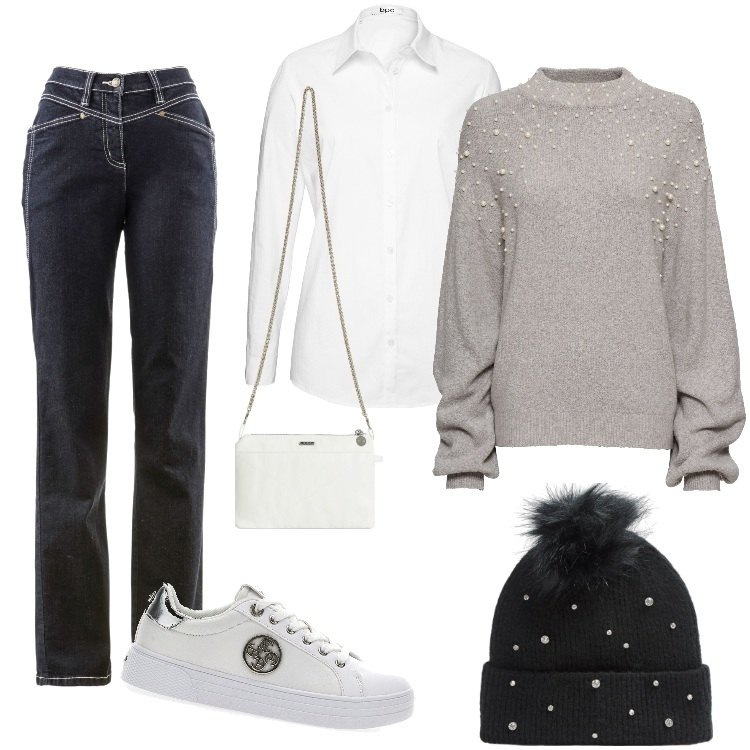 Outfit donna - Pranzi in famiglia. Stile Sporty chic per Tutti i giorni. Abbinamento con camicie, maglieria, jeans dritti, berretti, clutch, sneakers.