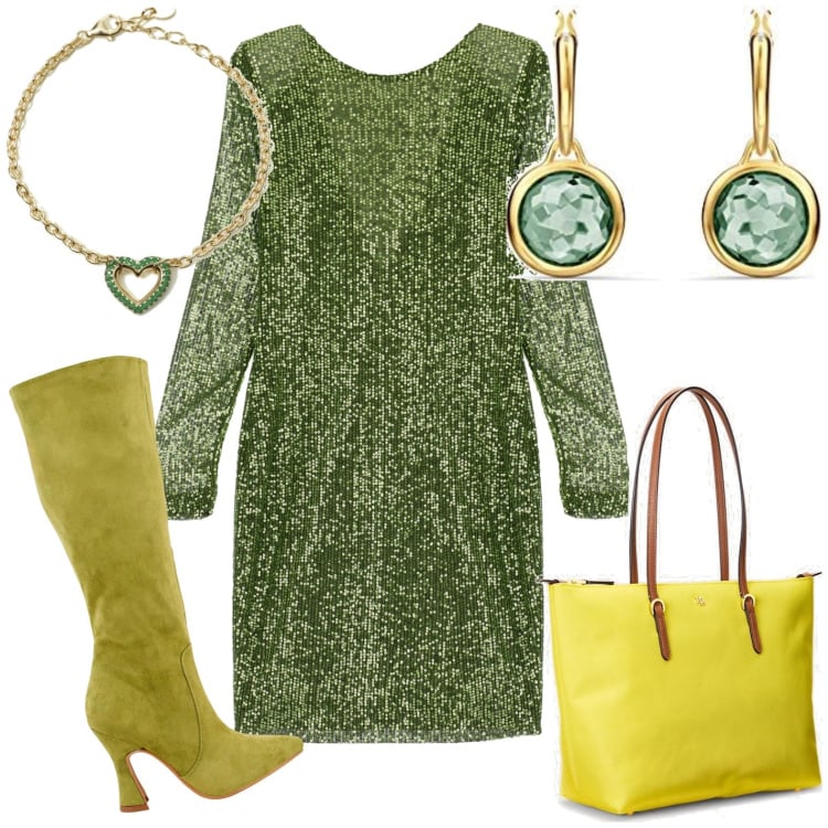 Outfit donna - Festività. Stile Casual chic per Tutti i giorni. Abbinamento con braccialetti, vestiti corti, stivali, borse tote, orecchini.