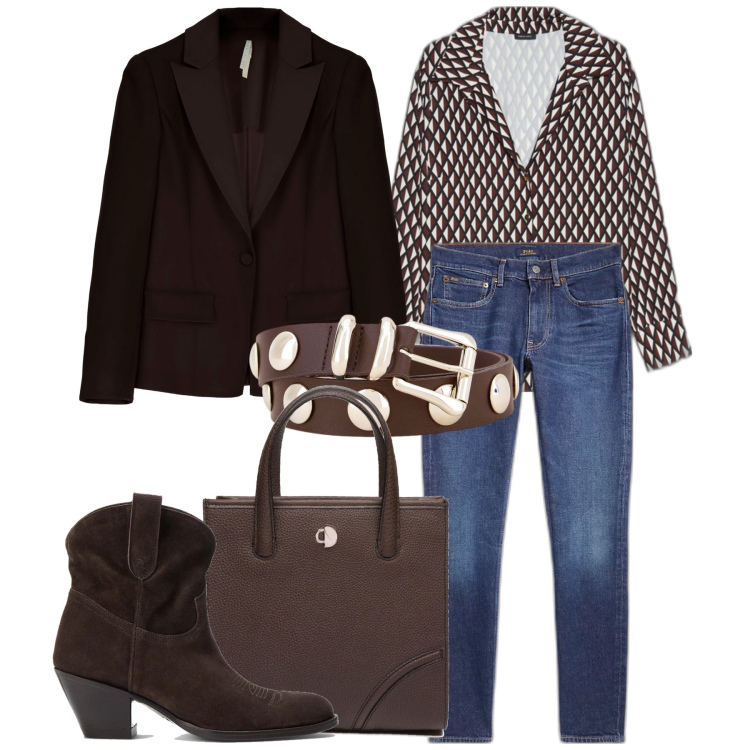 Outfit donna - Una cintura originale. Stile Casual chic per Ufficio. Abbinamento con giacche, cinture, stivaletti, jeans slim fit, camicie, shopping bag.