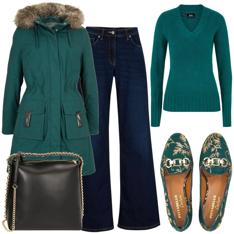 Outfit donna - Verde. Stile Casual per Tutti i giorni. Abbinamento con maglieria, jeans, parka, borse a mano, mocassini.