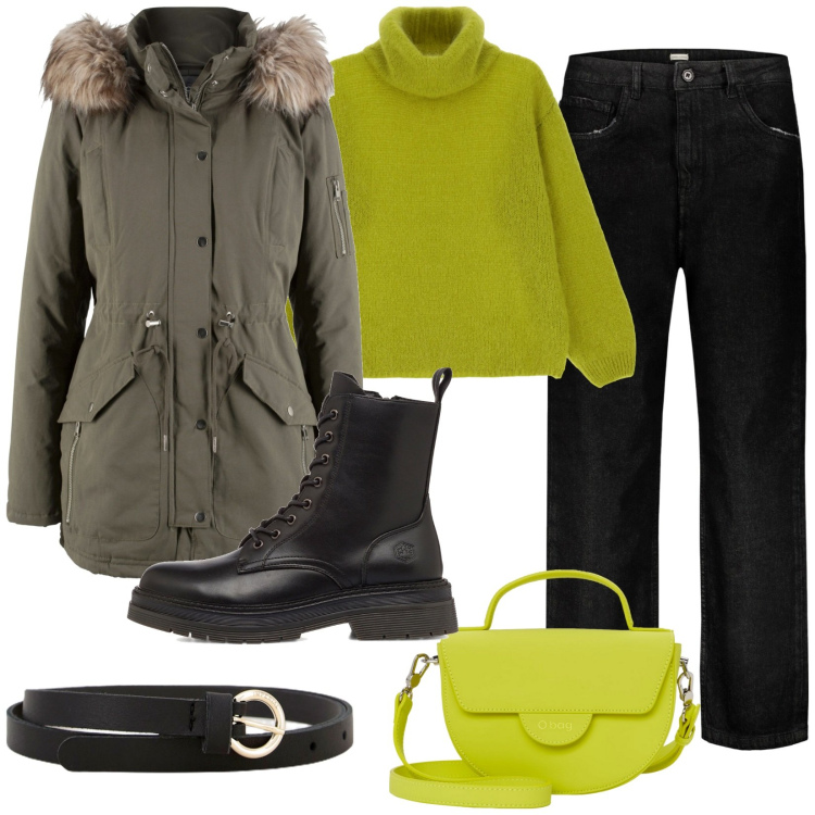 Outfit donna - Casual. Stile Casual per Tutti i giorni. Abbinamento con parka, maglieria, cinture, anfibi, jeans, borse a spalla.