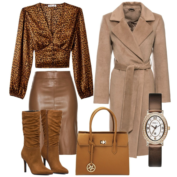 Outfit donna - Colori caldi. Stile Glamour per Serata fuori. Abbinamento con gonne longuette, cappotti, bluse, borse a mano, stivali sopra il ginocchio, orologi analogici.