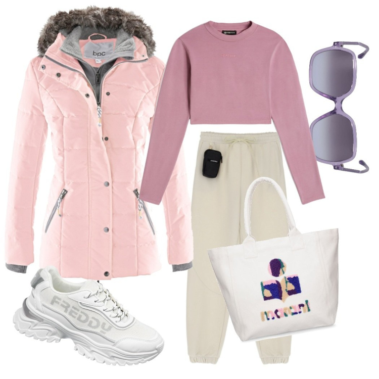 Outfit donna - Street style. Stile Casual per Tutti i giorni. look ideale per Tall. Abbinamento con piumini, pantaloni cargo, maglieria, sneakers, occhiali da sole, shopping bag.