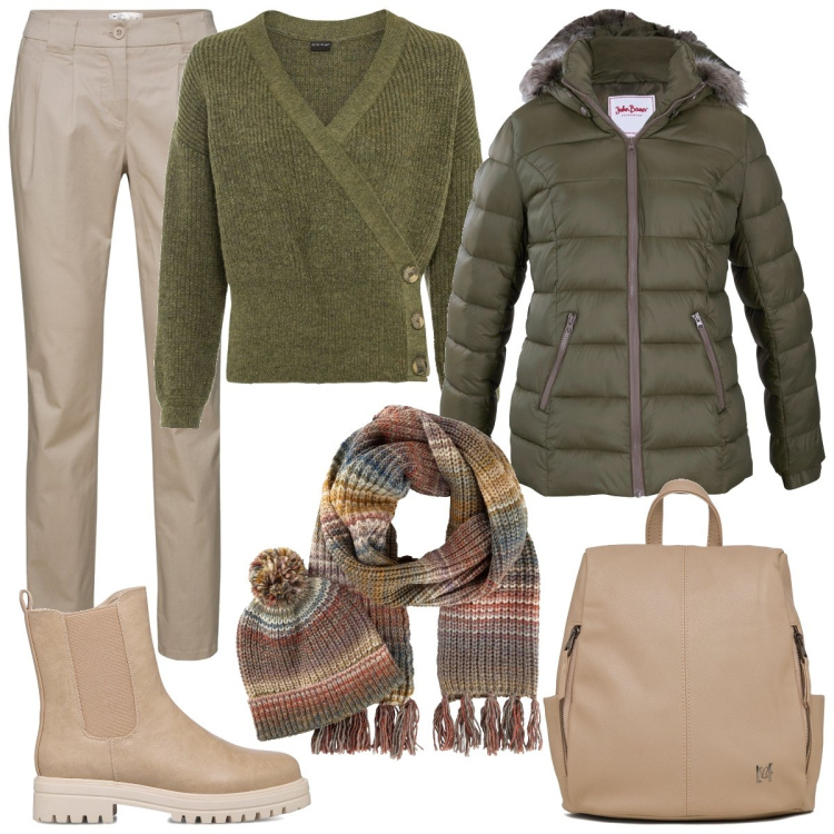 Outfit donna - Naturale e caldo. Stile Casual per Tutti i giorni. Abbinamento con maglieria, pantaloni chino, piumini, sciarpe, stivaletti, zaini.