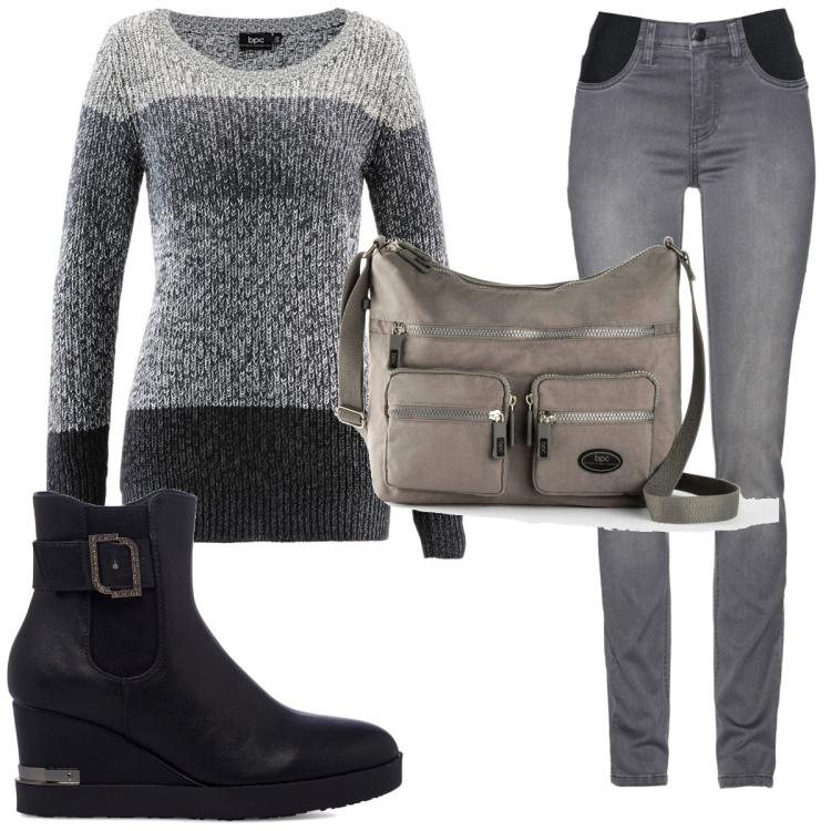 Outfit donna - Total look #1782233. Stile Trendy per Tutti i giorni. Abbinamento con jeans, maglieria, borse a tracolla, stivaletti.