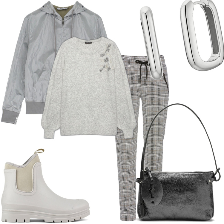 Outfit donna - Una giornata in grigio. Stile Casual chic per Tutti i giorni. Abbinamento con pantaloni, cappotti, maglieria, stivali, borse a mano, orecchini.