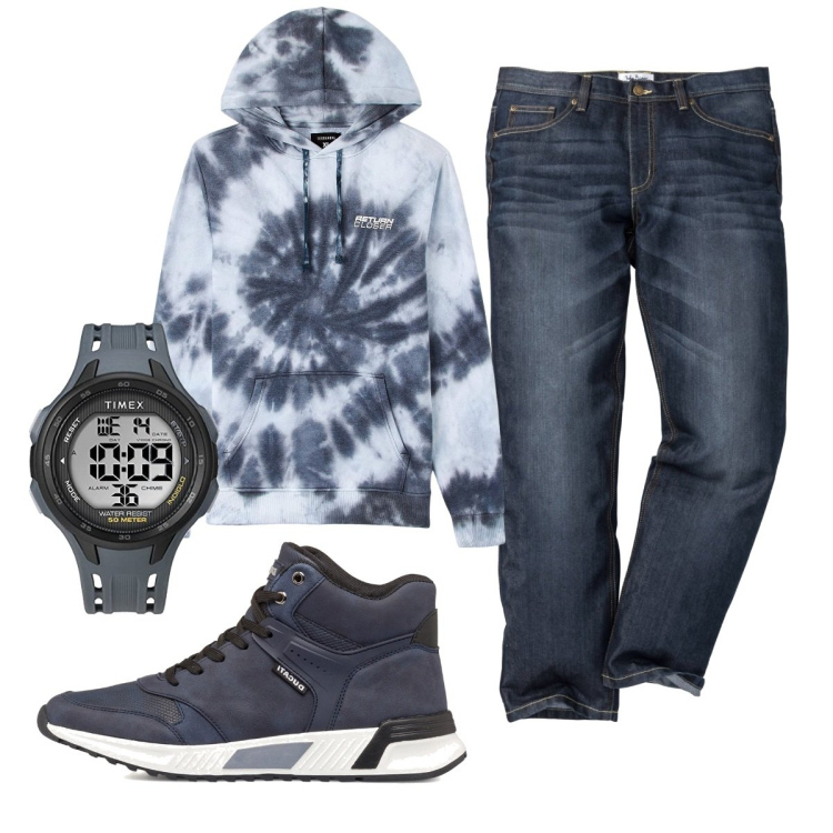 Outfit uomo - Total look #1782289. Stile Casual per Tutti i giorni. Abbinamento con jeans dritti, felpe con cappuccio, sneakers alte, orologi digitali.
