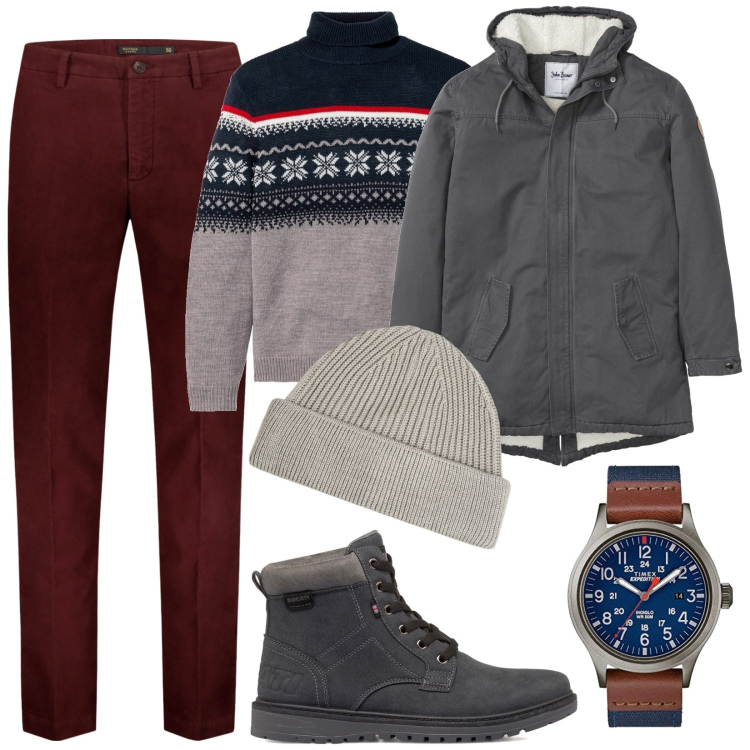 Outfit uomo - Pullover a fantasia. Stile Urban per Tutti i giorni. Abbinamento con maglieria, parka, stivali e stivaletti, pantaloni, orologi analogici, berretti.