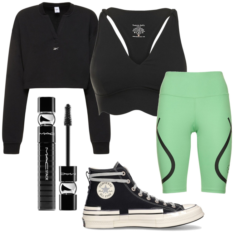 Outfit donna - Sport. Stile Rock per Sport. Abbinamento con mascara, shorts, top, sneakers, felpe.
