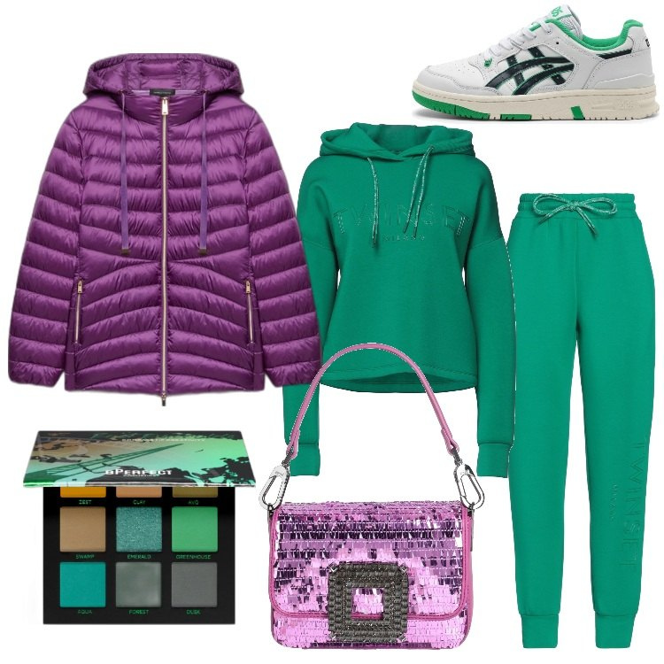 Outfit donna - Festeggiando Whatsapp. Stile Urban per Tutti i giorni. Abbinamento con pantaloni, borse a mano, felpe con cappuccio, ombretti, piumini, sneakers.