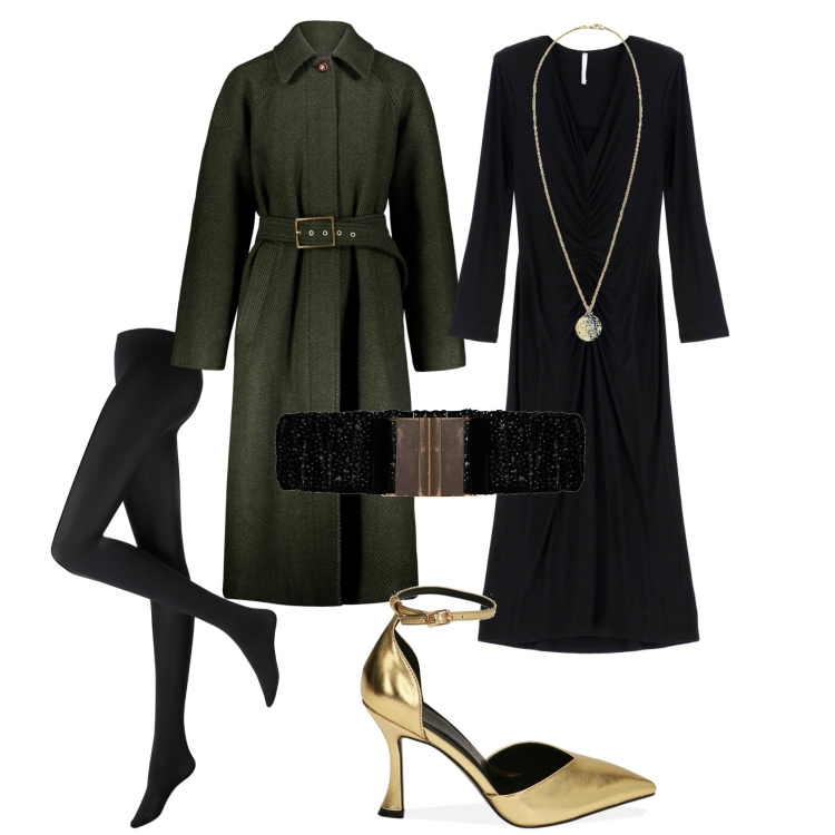 Outfit donna - Oro nero. Stile Bon Ton per Serata fuori. Abbinamento con collant, cinture, vestiti midi/longuette, décolleté, ciondoli, cappotti.