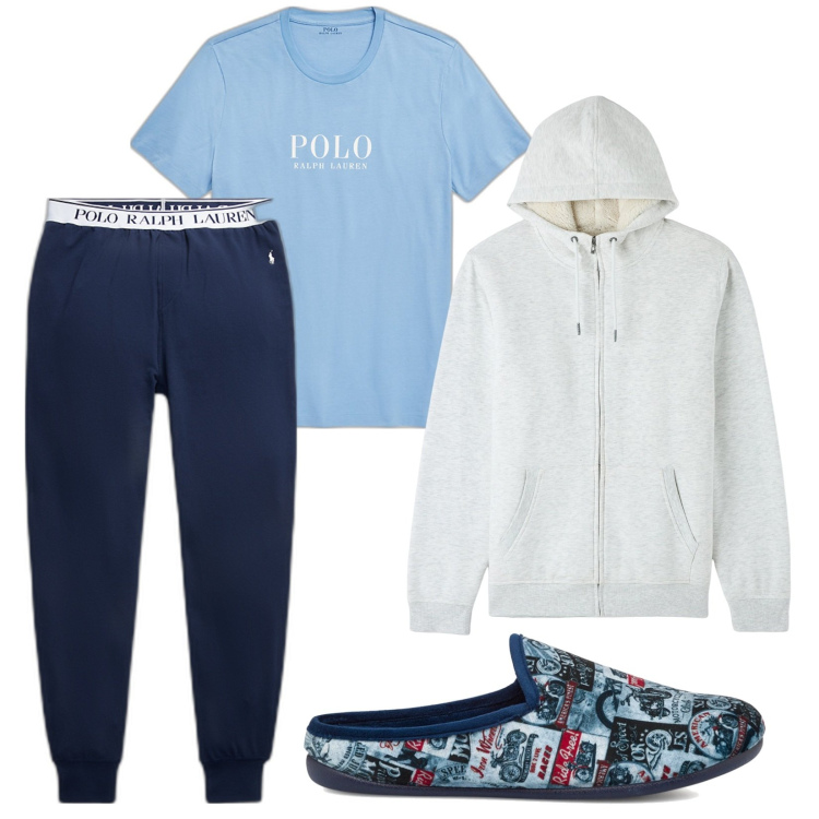 Outfit uomo - Oggi non esco. Stile Casual per Tutti i giorni. Abbinamento con felpe con cappuccio, t-shirt, pantaloni, pantofole.