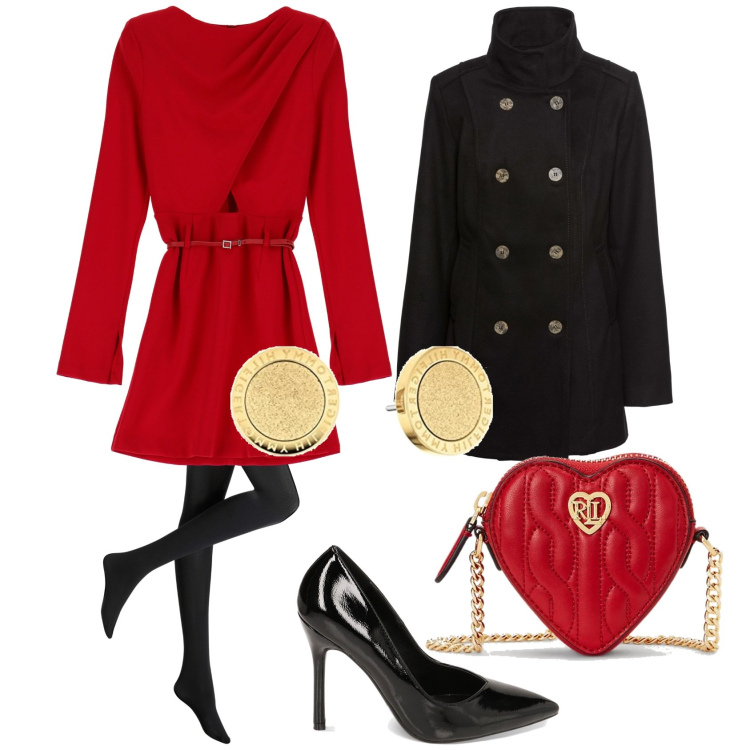 Outfit donna - In rosso, nero e oro. Stile Bon Ton per Serata fuori. Abbinamento con collant, caban, vestiti corti, décolleté, pochette, orecchini.