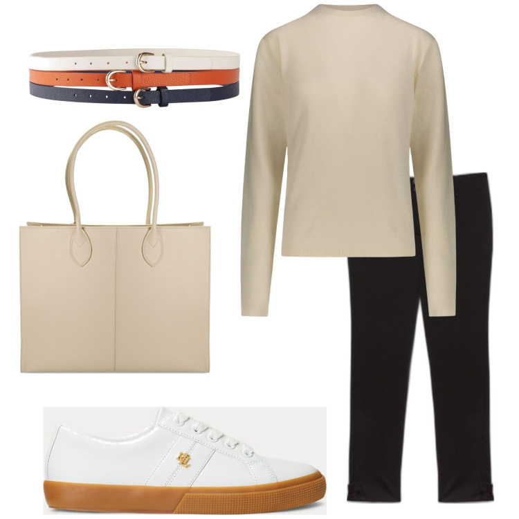 Outfit donna - Total look #1782327. Stile Casual per Tutti i giorni. Abbinamento con cinture, borse a spalla, sneakers, pullovers, pantaloni.