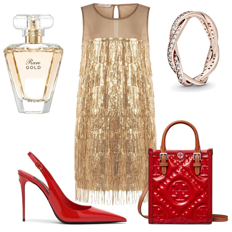 Outfit donna - Total look #1782346. Stile Glamour per Serata fuori. Abbinamento con profumi, vestiti corti, anelli, shopping bag, scarpe col tacco.