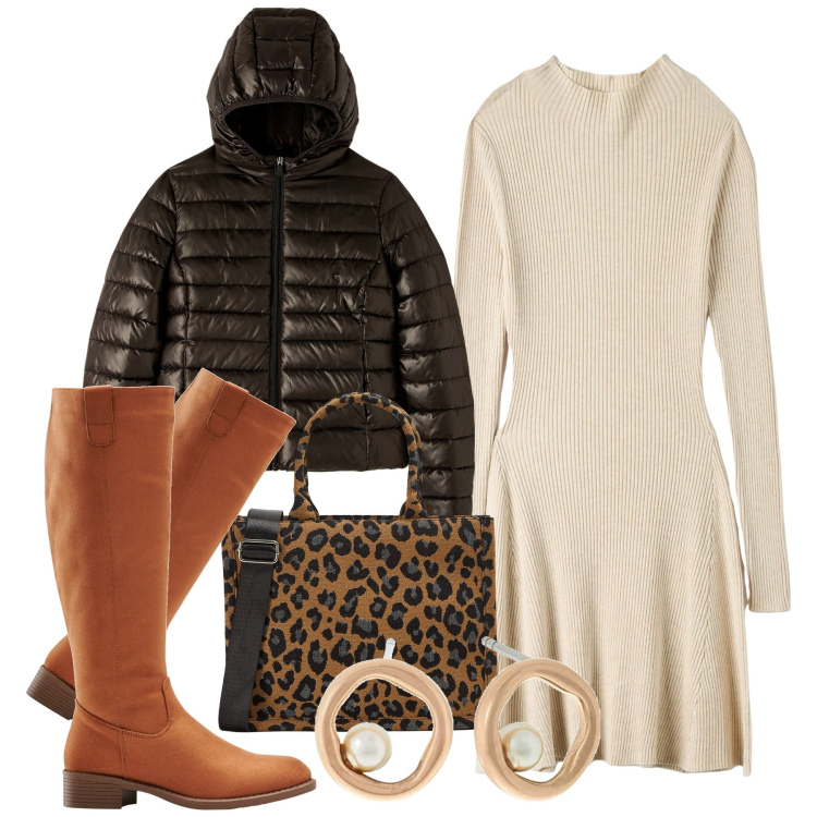 Outfit donna - Un abito avorio. Stile Bon Ton per Tutti i giorni. Abbinamento con stivali, shopping bag, piumini, vestiti midi/longuette, orecchini.