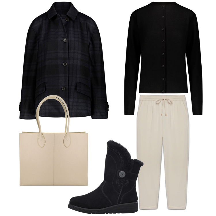 Outfit donna - Giorno basic. Stile Basic per Tutti i giorni. Abbinamento con stivali, borse a spalla, blazer, pantaloni, cardigans.
